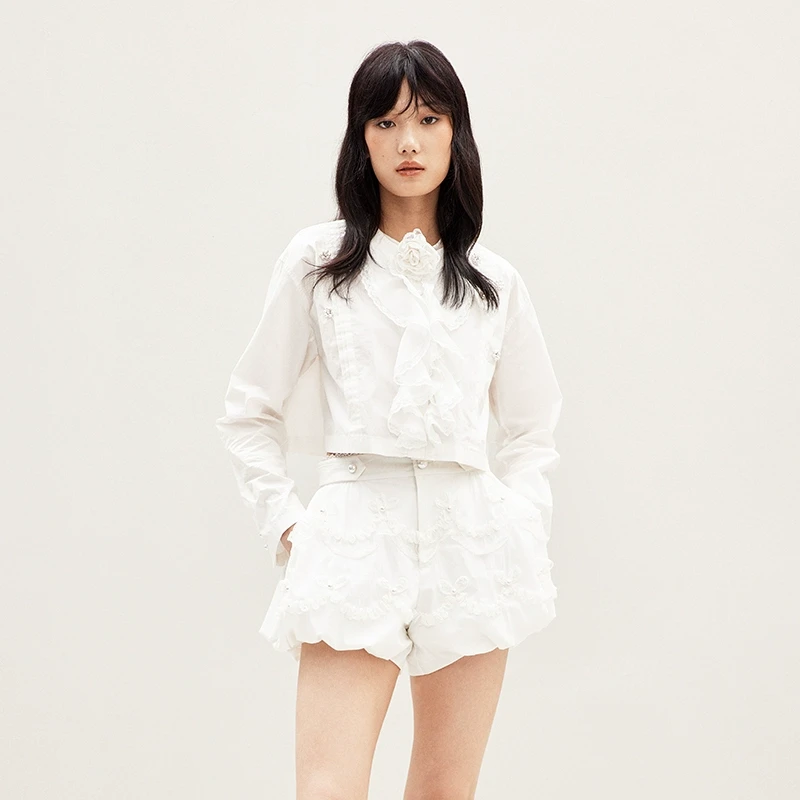 LE FAME/拉飞姆2025年春季新款白色荷叶边装饰衬衫LF25C51SB344
