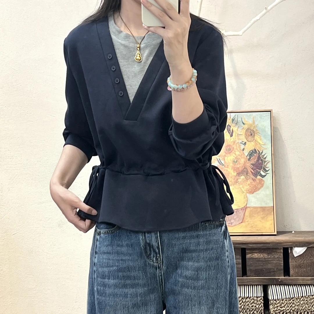 66722-轻职风长袖法式V领亲肤透气衬衫设计感收腰韩版上衣