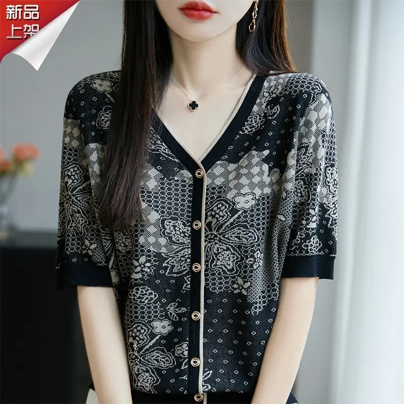 100%官方正品2025夏季薄款提花V领针织衫蕾丝拼接洋气显瘦上衣女