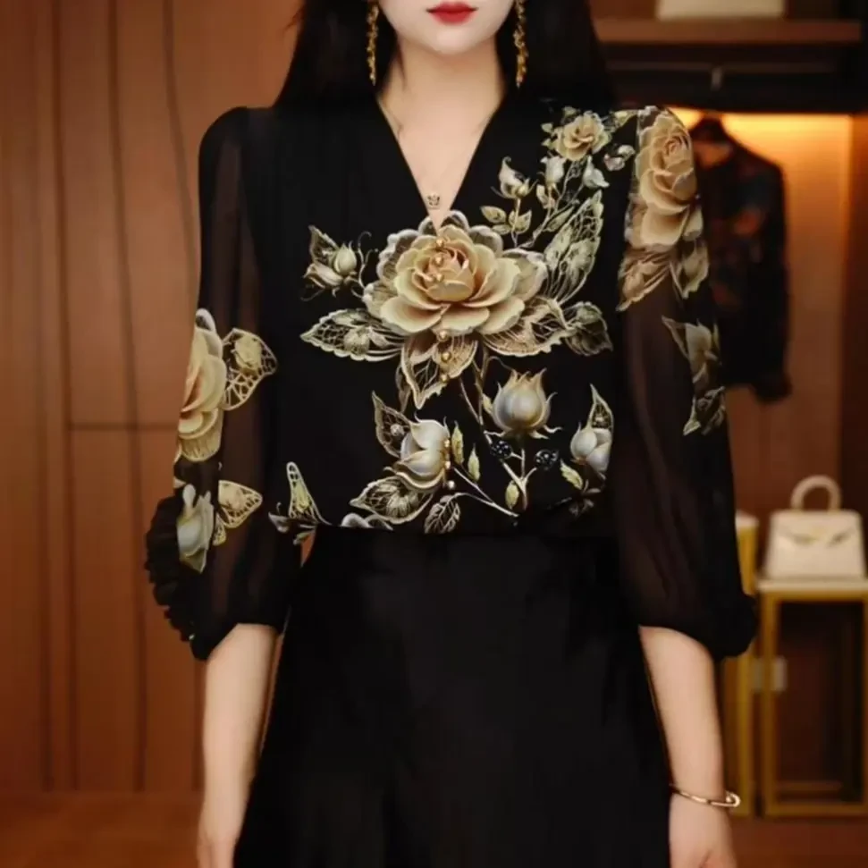 新款琉璃双绉丝洋气时尚百搭显瘦印花V领减龄宽松轻奢百搭女衬衫