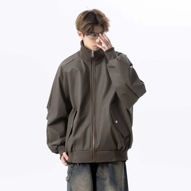 咖色美式cleanfit休闲夹克男2025春秋季青少年高级感皮衣外套