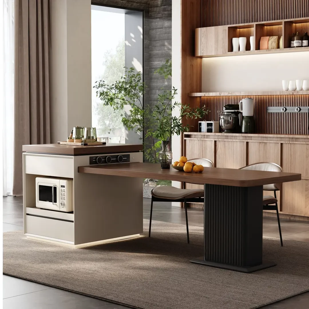 【暑假焕新季】胡桃色木纹岩板岛台餐桌一体中古风桌面可伸缩吧台