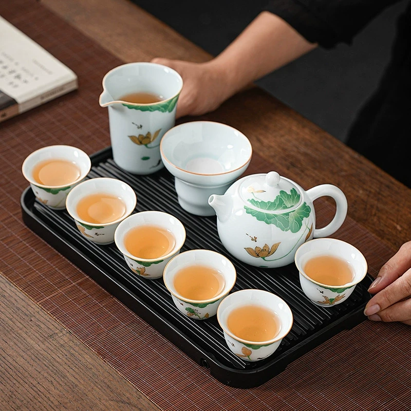 轻奢功夫茶具荷花泡茶壶悬停单盖碗泡茶专用茶具礼品悬停三才盖碗