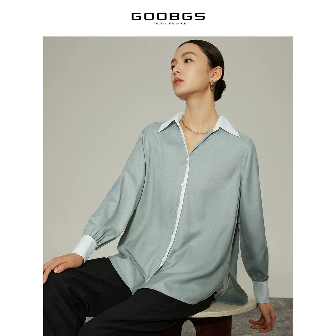【XX 】谷邦GOOBGS 绿色V领撞色长袖衬衫  G2311622