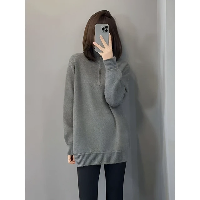 韩系慵懒风中长款半拉链毛衣女款2024新款冬季宽松设计感百搭上衣