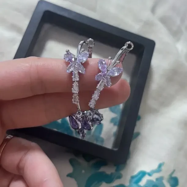 铜合金锆石耳饰 铜合金合成锆石耳紫色简约设计轻奢高级感耳圈D20