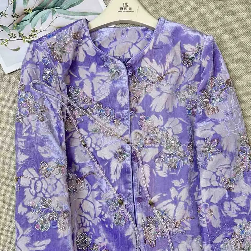 圆领新中式常规厚款中国风短外套碎花短款国风上衣