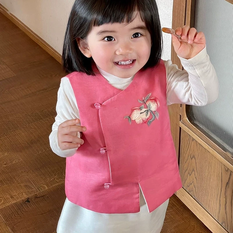 现货）童装女童新中式国风马甲儿童喜庆唐装汉服宝宝刺绣背心