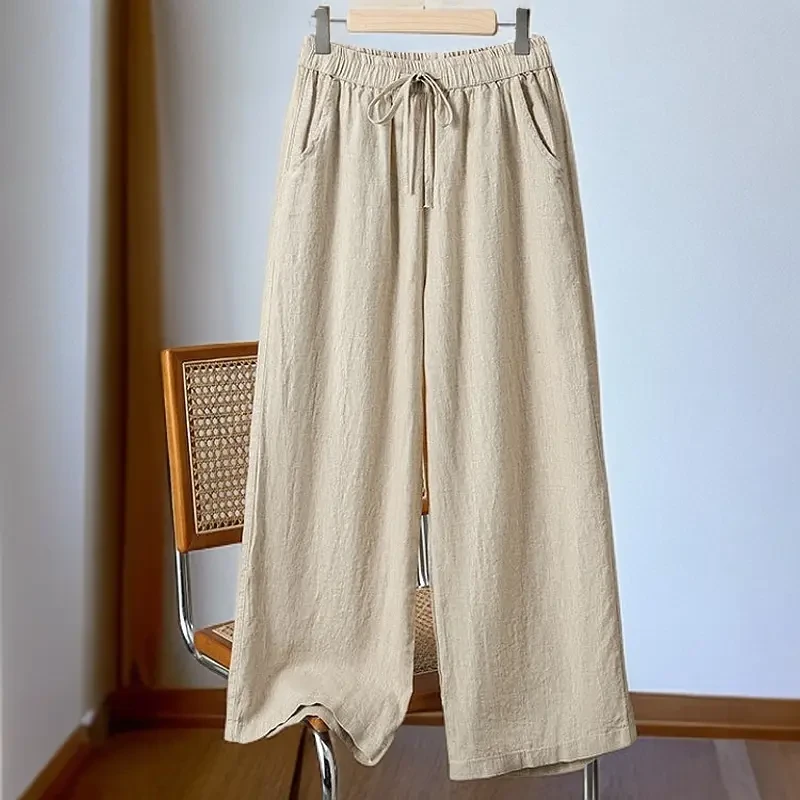 外贸尾单棉麻阔腿裤九分休闲裤女夏新款女裤薄款大码宽松直筒裤子
