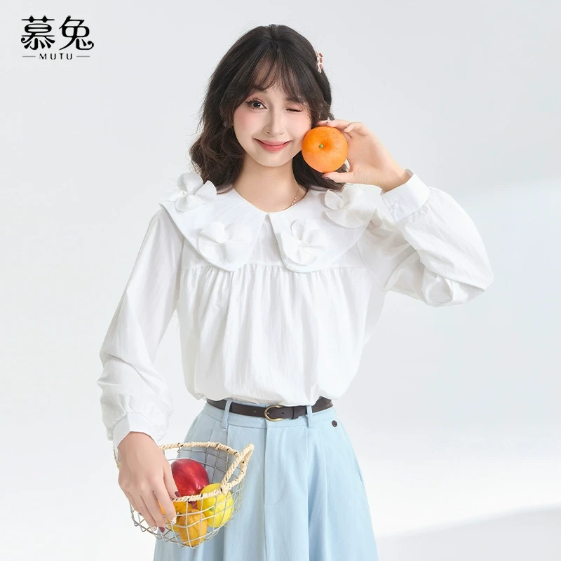 慕兔法式甜美娃娃领白衬衫女2025春季新款设计感小众立体花朵上衣