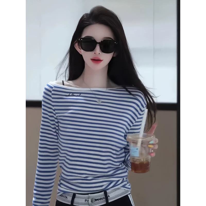 大码胖mm蓝条纹斜肩长袖T恤女装2025春季新款修身显瘦上衣高级感