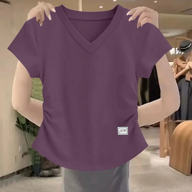 棉短袖t恤女士洋气v领夏装大码胖mm遮肚显瘦百搭宽松设计感上衣