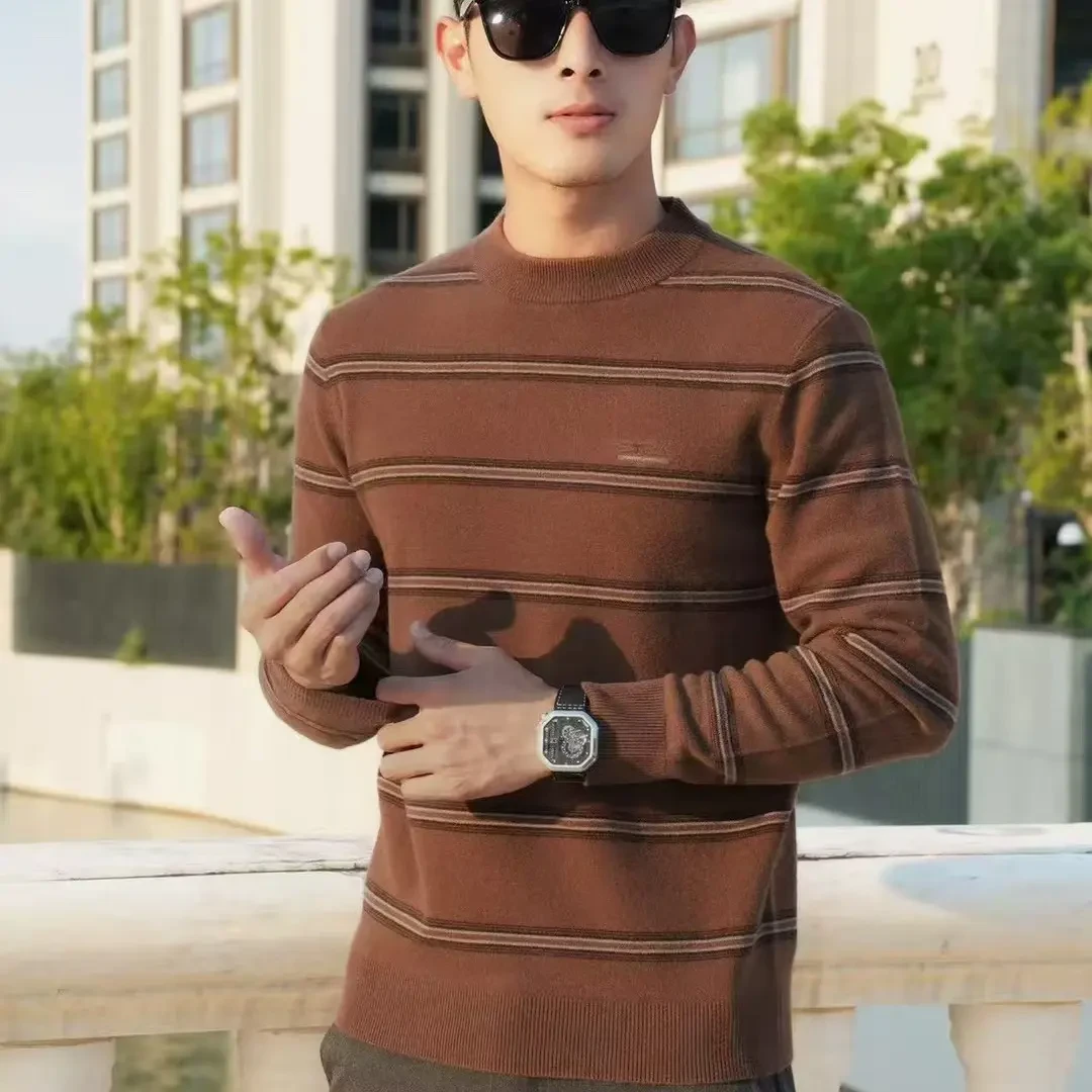 男士秋冬加绒加厚保暖提花圆领针织毛衣内搭