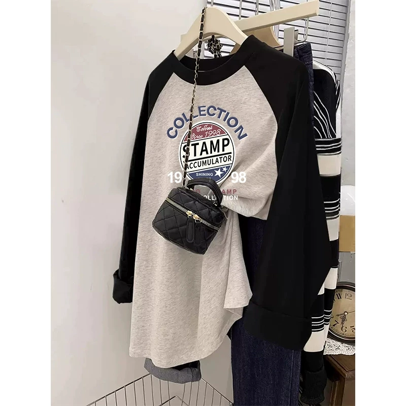 2025年新款春季大码宽松胖mm插肩纯棉长袖t恤女显瘦百搭休闲上衣