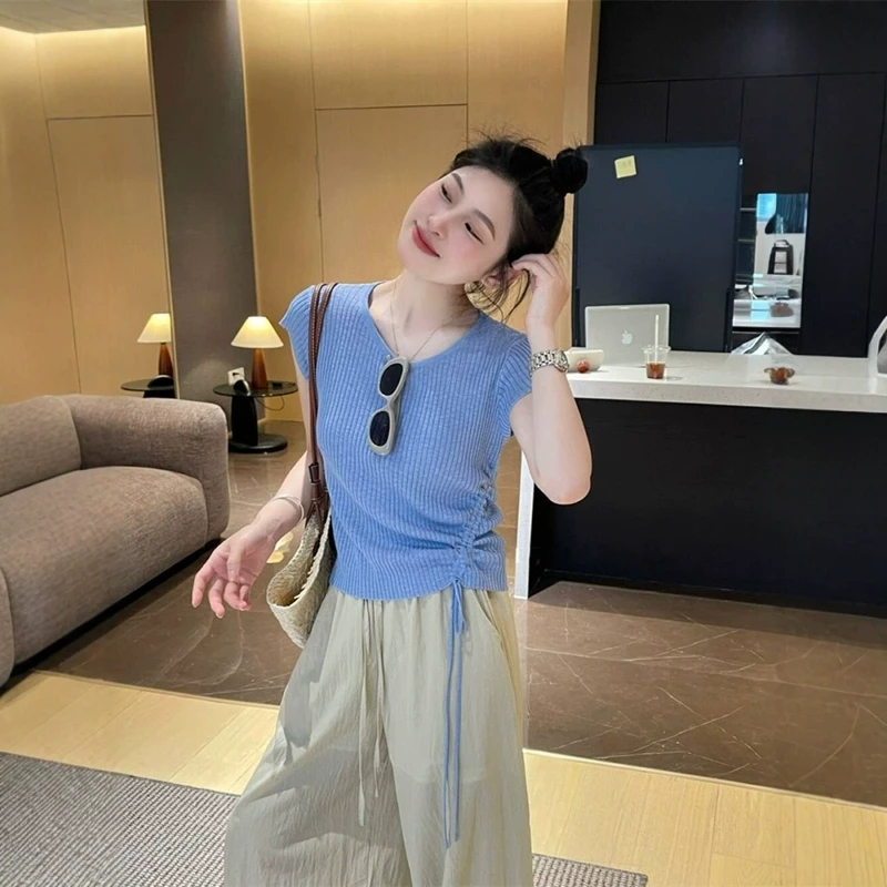 夏季蓝色洋气收腰显瘦正肩短款飞飞袖绝美冰丝短袖T恤针织衫上衣