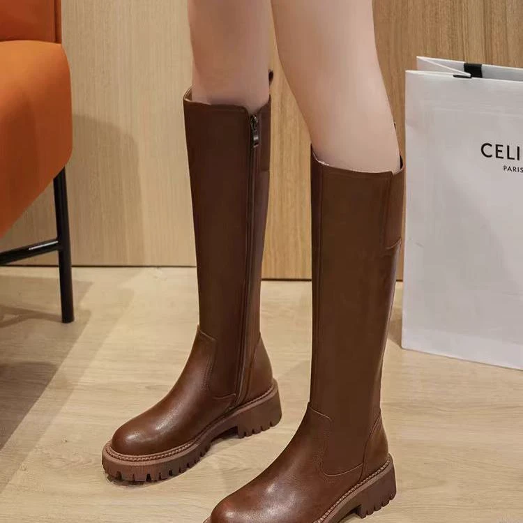 6655 2024秋冬新款牛皮粗跟高筒靴女不过膝长筒靴增高厚底骑士靴