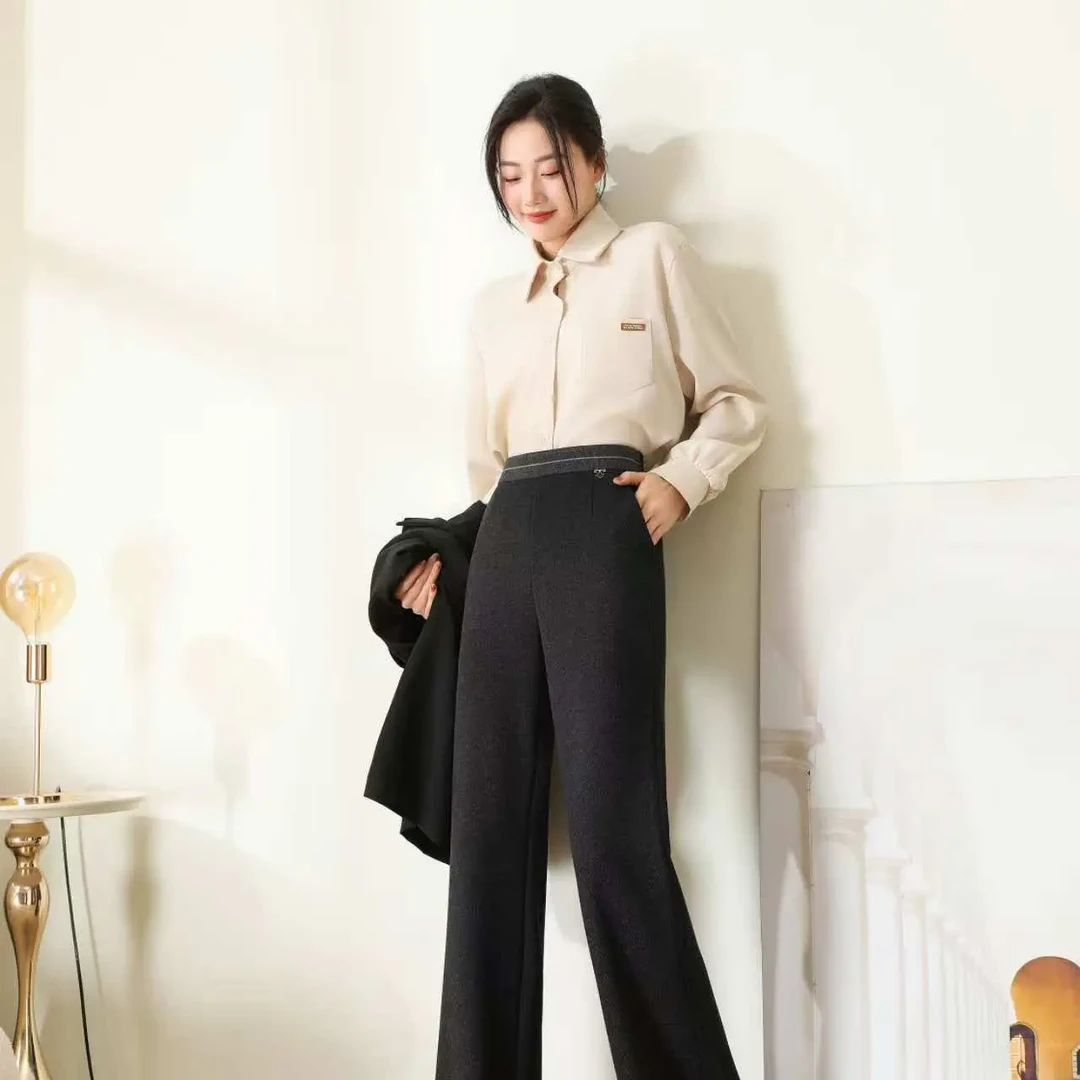 秋冬新款高级感简约百搭加厚拖地直筒女裤23200牛仔裤宽松阔腿裤