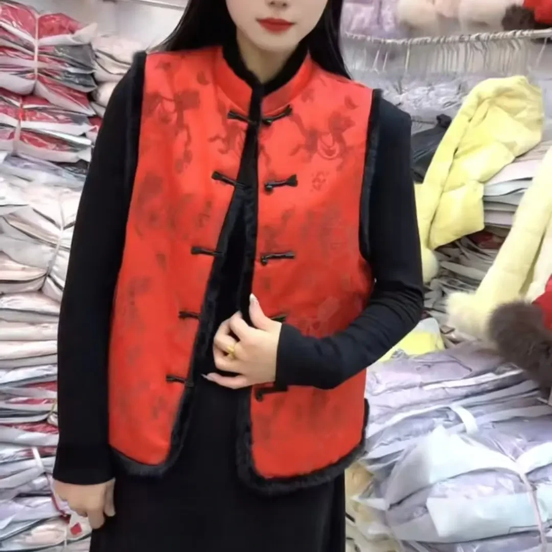 ［雪龙浩家］秋冬女士国风盘扣拼接加厚短款马甲