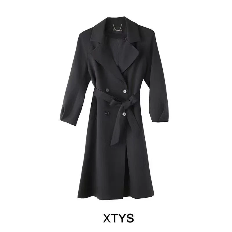 韩版设计师款气质风衣外套女系带收腰中长款风衣9088