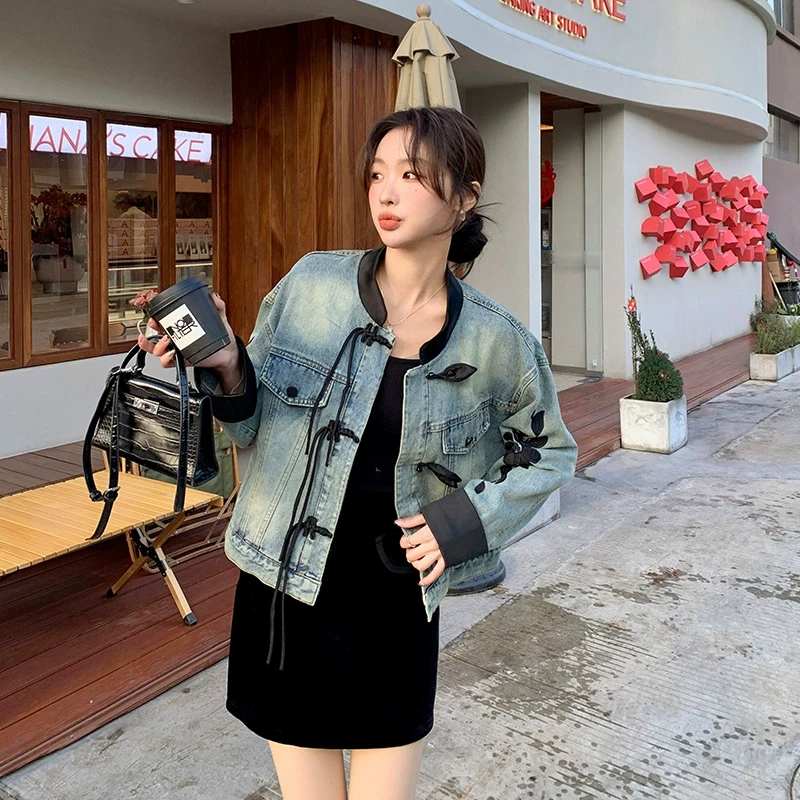 短外套新款国风牛仔外套2025春季女装新款时尚电脑贴花盘扣短
