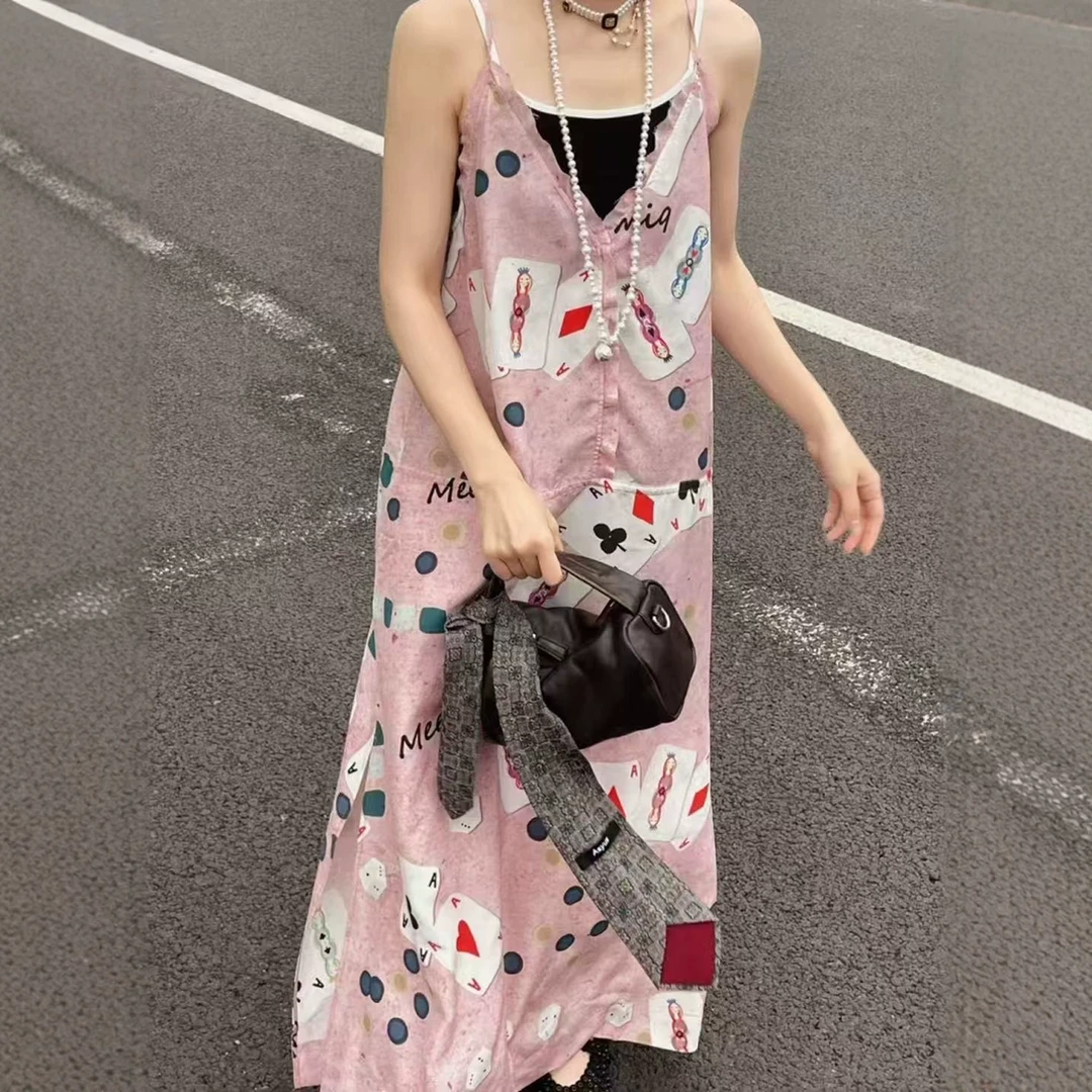 现货-【粉色扑克印花吊带裙】2025夏宽松百搭真丝吊带连衣裙长裙