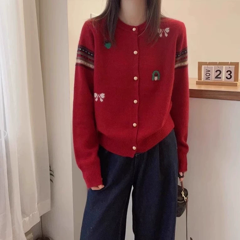 本命年红色时尚针织开衫上衣女秋冬2025年新款小个子短款毛衣外套