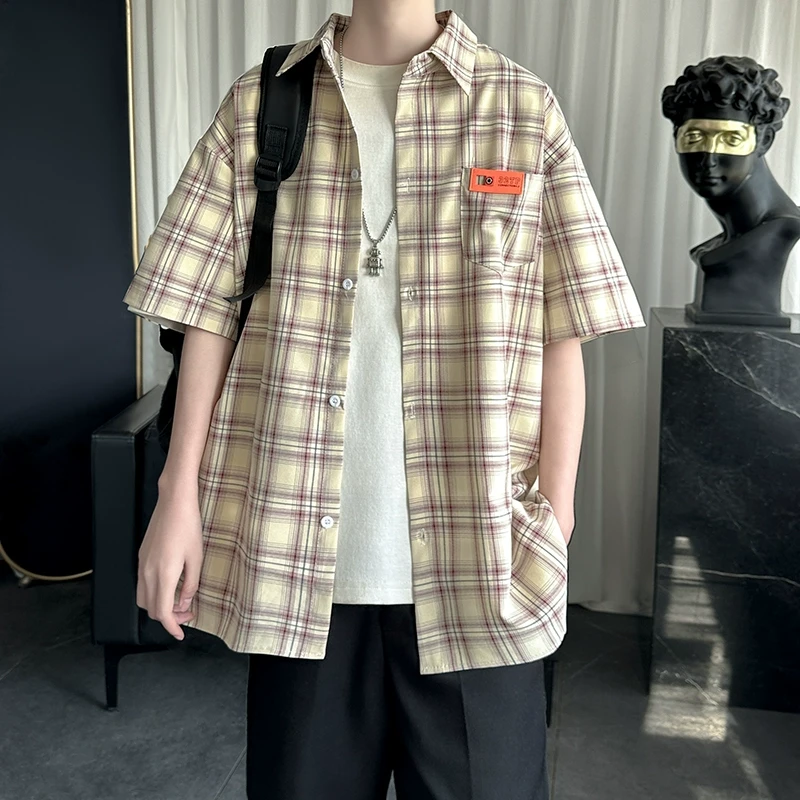 美式休闲夏季港风大码短袖条纹格子衬衫男青少年潮流百搭宽松上衣