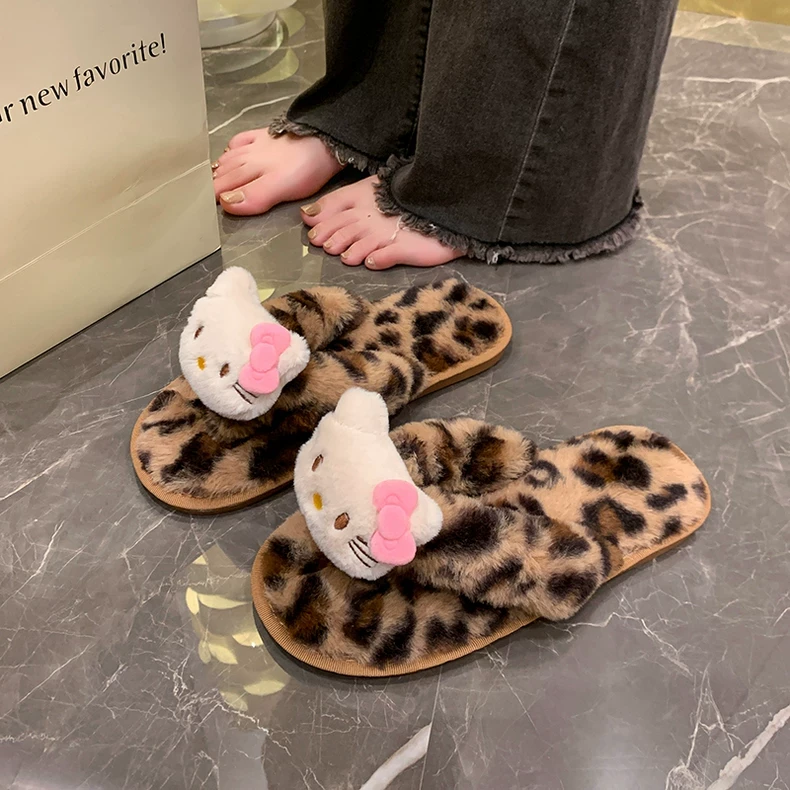 kt猫棉拖鞋居家秋冬室内家居毛毛拖鞋豹纹夹脚人字棉拖女卡通可爱