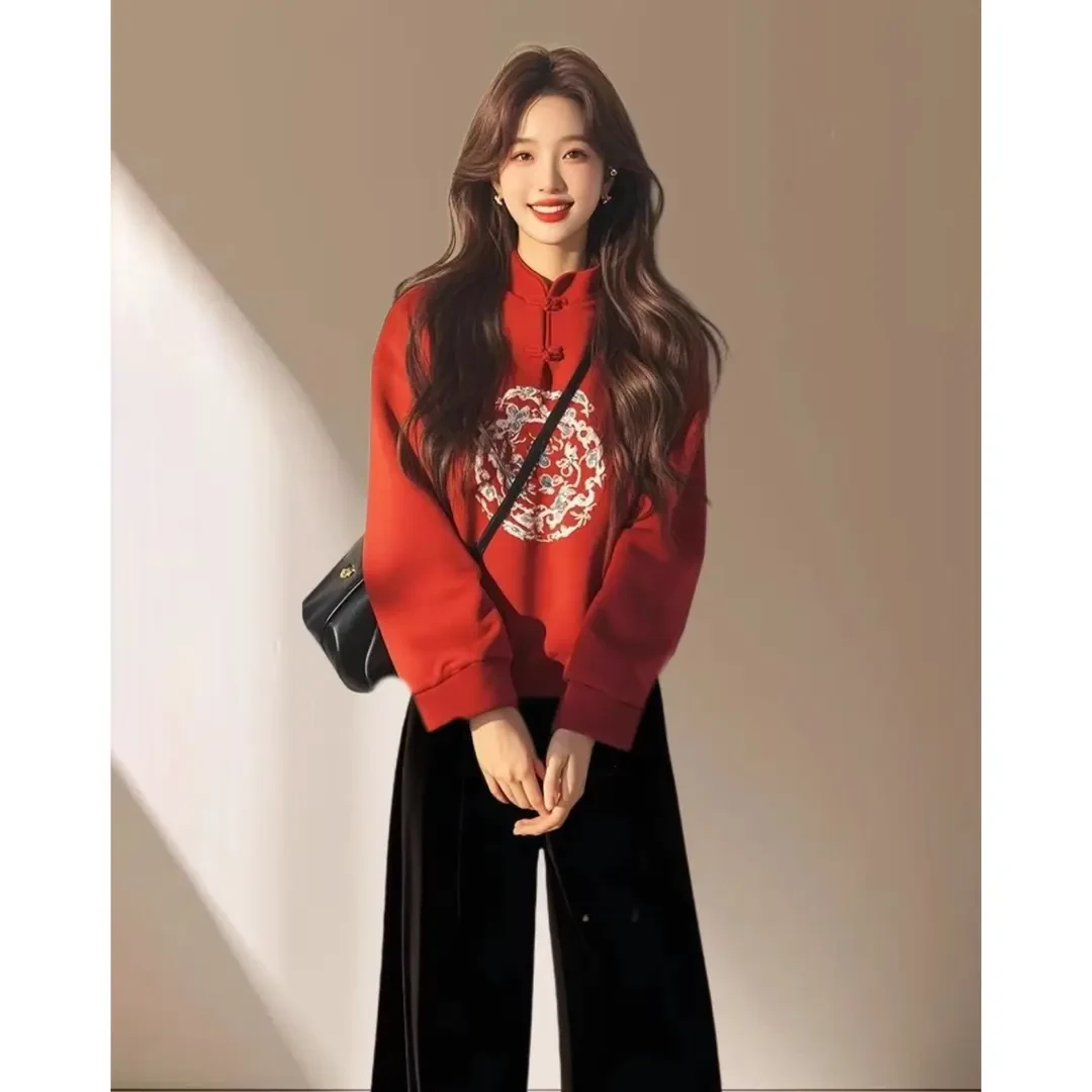 新年战袍一整套ootd穿搭国风印花气质盘扣红色卫衣阔腿裤两件套装