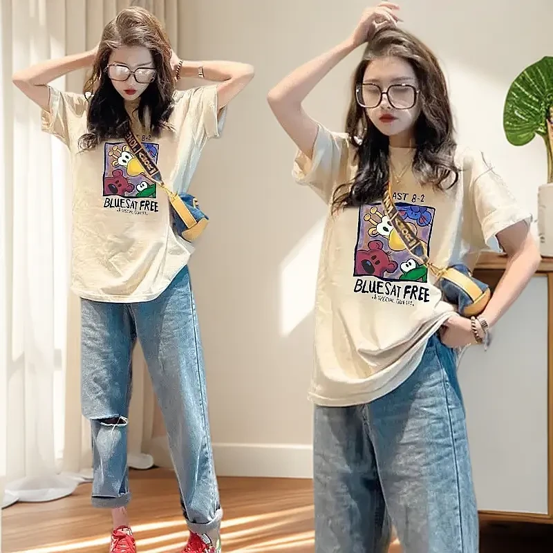 粉色女士纯棉短袖t恤女2025夏季新款欧货大版上衣恤时尚宽松大码