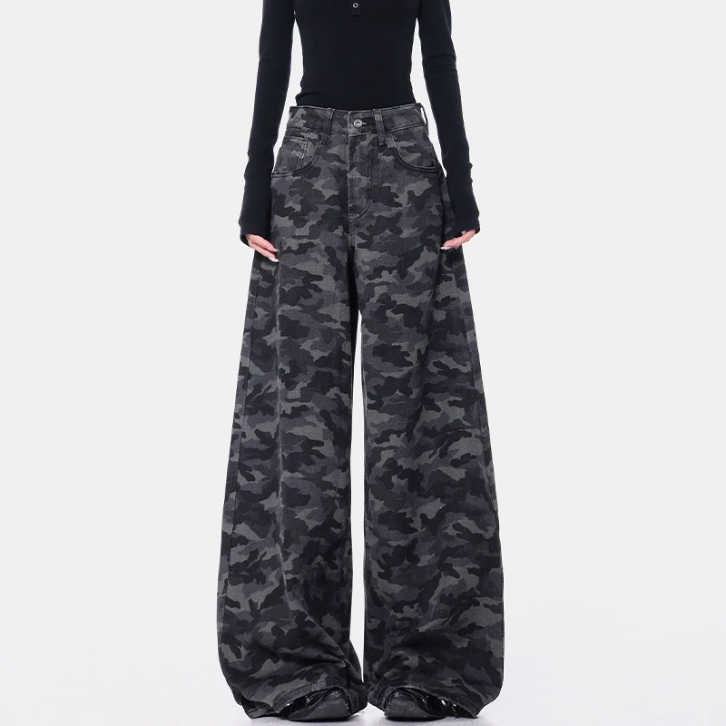 KEN STUDIO春季新款美式高街迷彩牛仔裤女直筒高腰宽松显瘦拖地裤