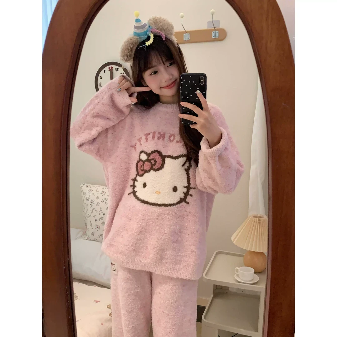 甜美可爱 Kitty半边绒睡衣女秋冬少女粉针织保暖家居服套装可外穿