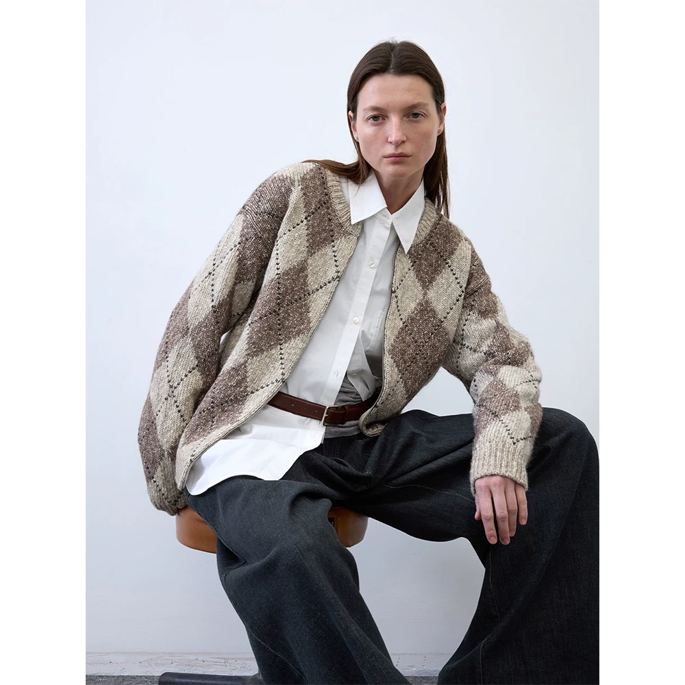 RandomPiece25春新品 环保牦牛绒嵌花菱格纹长袖双头拉链针织开衫