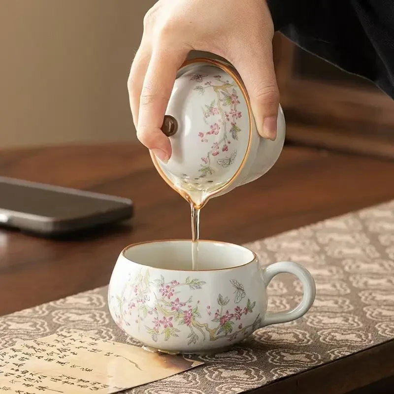 茶咖杯花月白汝窑紫藤花个人泡家一壶一杯