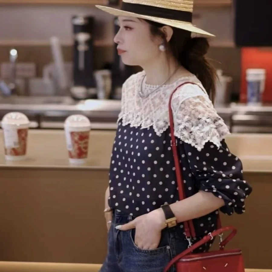 欧货2025春季新款蕾丝拼接波点长袖衬衫女高级感别致减龄洋气上衣