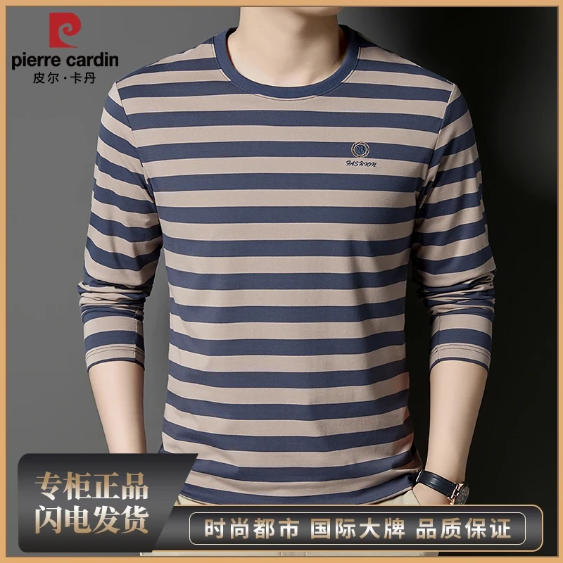 皮尔卡丹长绒棉圆领撞色条纹男士秋季新款长袖t恤宽松打底衫秋衣