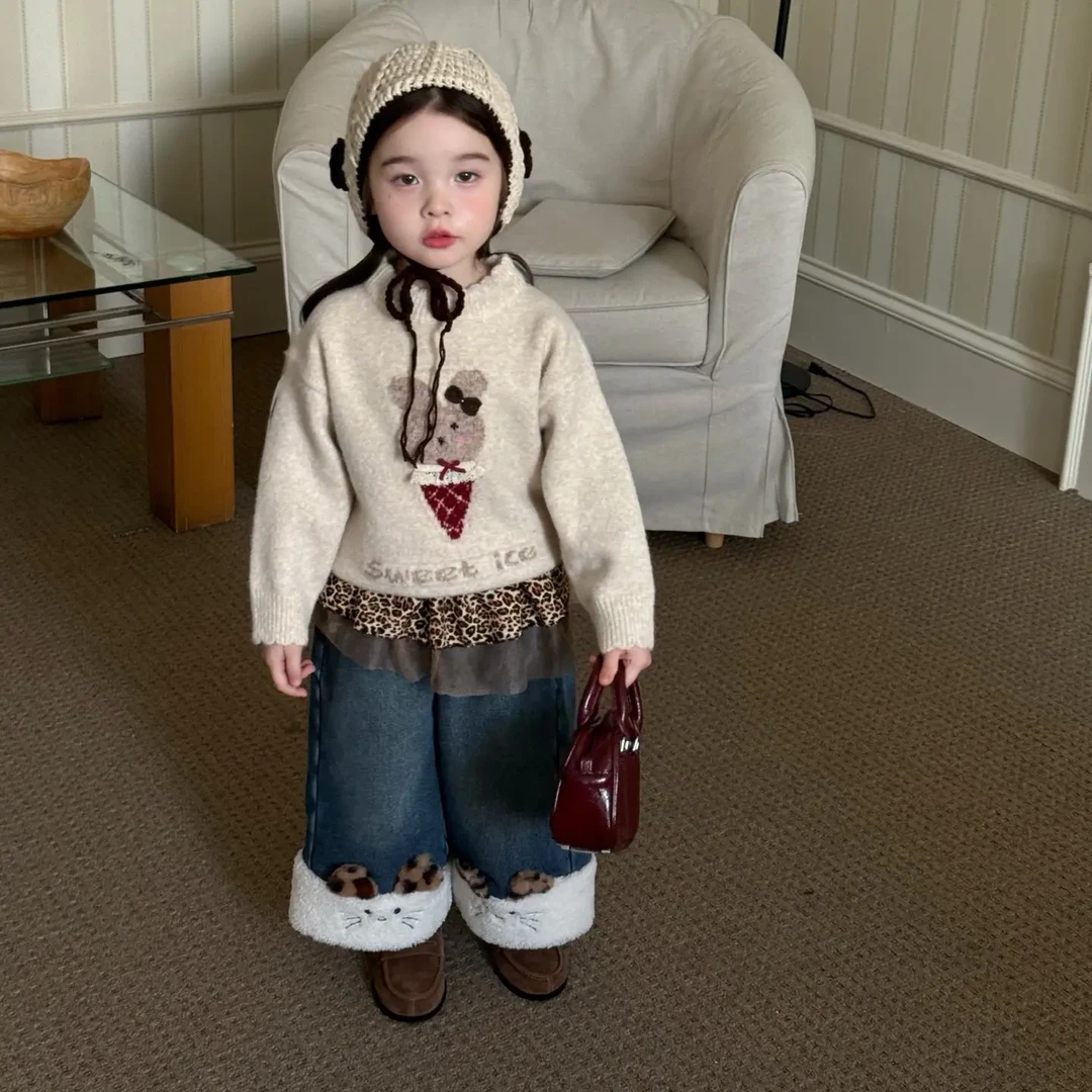 【苏右 】2025深秋小兔子毛 Kt衣直筒牛仔裤女童洋气
