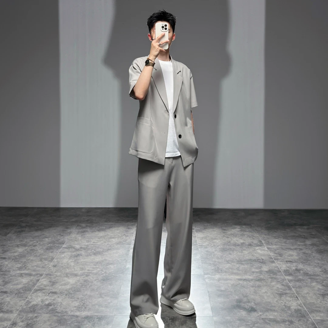 莱德的搭配 薄款西装两件套男士休闲痞帅宽松轻熟风帅气西服套装