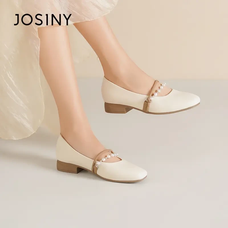 卓诗尼粗跟小皮鞋女2025新款玛丽珍晚晚鞋法式通勤珍珠平底单鞋女