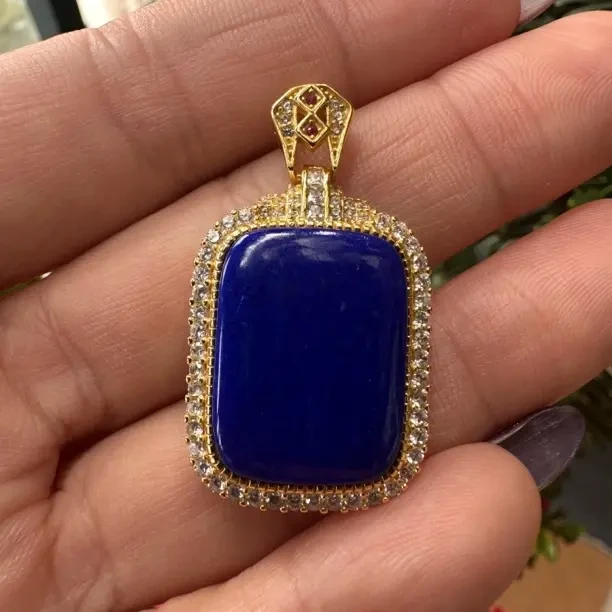 天然原矿青金石S925银镶无事牌吊坠36.1/20.4