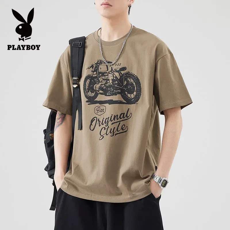 花花公子新款美式短袖T恤男生宽松夏季2025衣服圆领半袖上衣男士