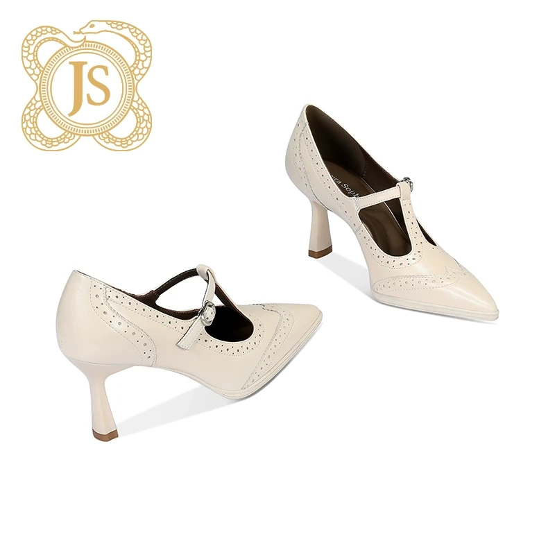 已开价，6759D52576S优雅尖头丁字扣带复古真皮雕花玛丽珍小高跟鞋