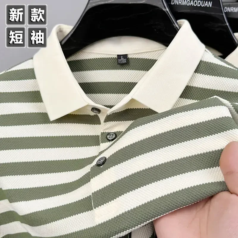 海外仓夏季男新款潮流休闲条纹短袖T恤POLO衫时尚宽松翻领菠萝纹