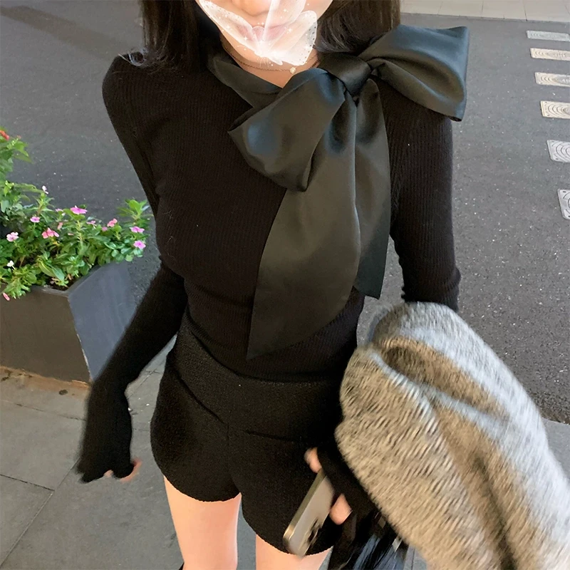 黑色设计感长袖T恤女春秋冬别致绑带蝴蝶结上衣修身内搭打底小衫