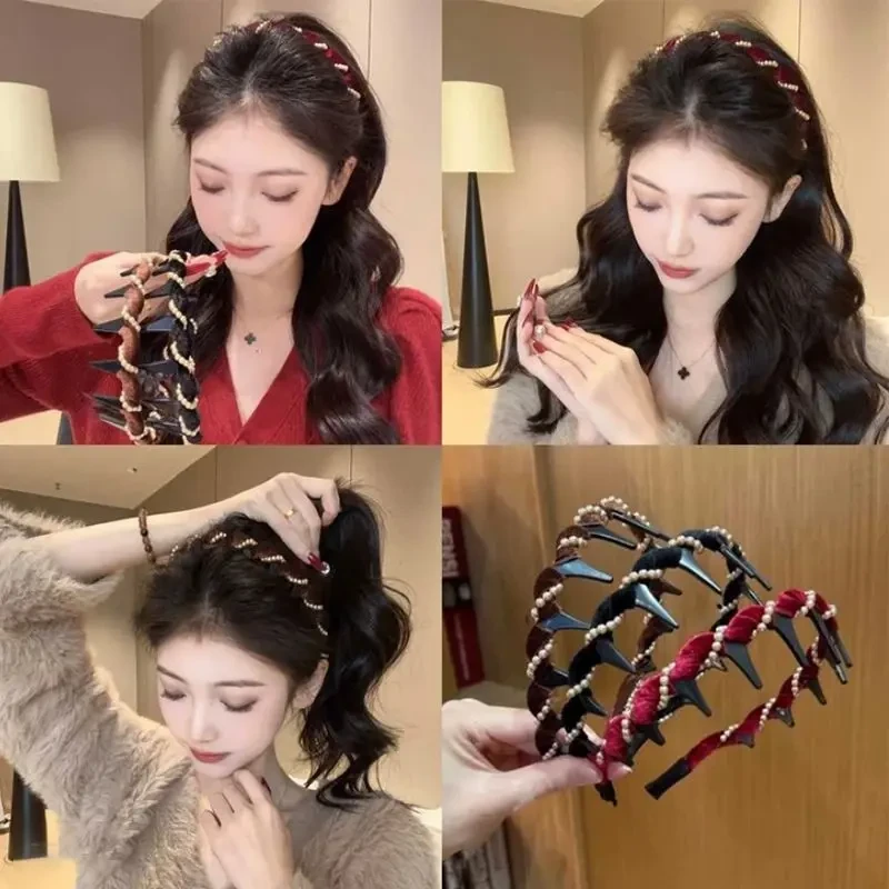 新款洗脸高颅顶丝绒珠珠波浪发箍女防滑发卡碎发整理头箍发饰