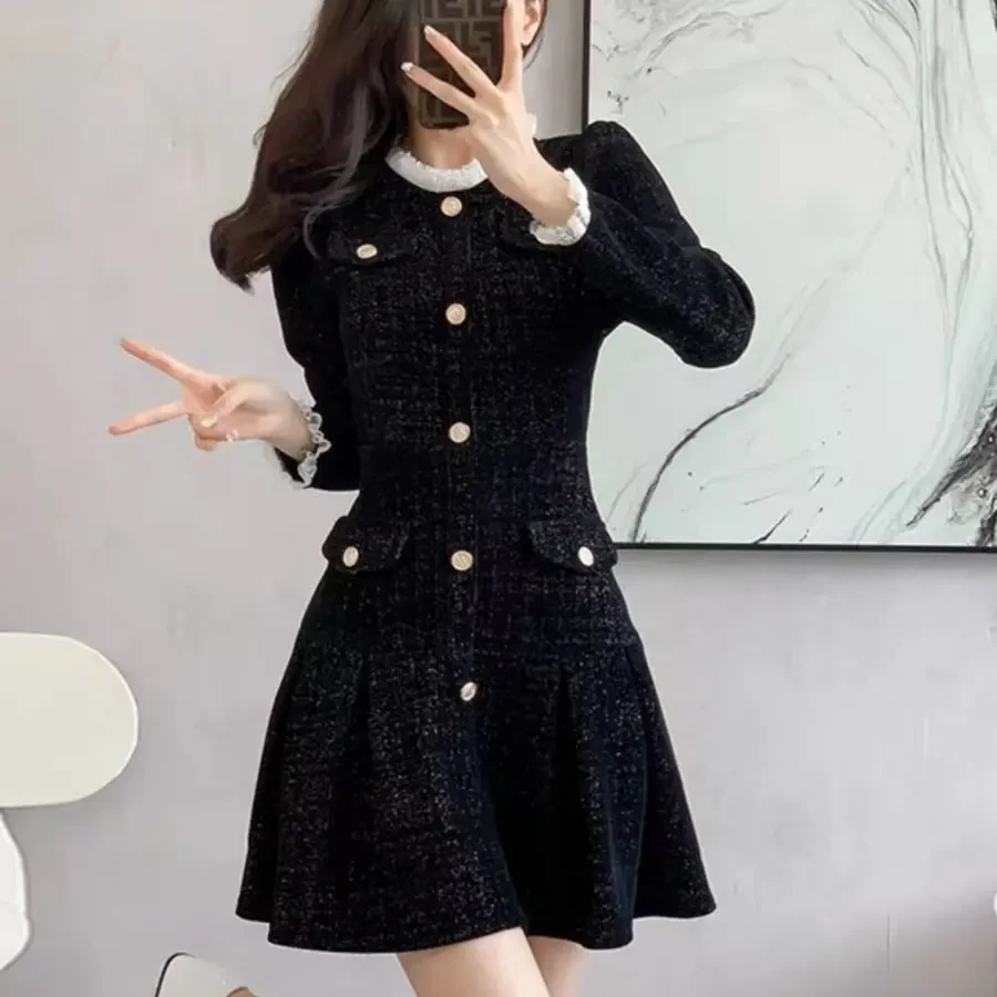 法式红妹收腰亮丝雪尼尔小香风黑色气质显瘦鱼尾连衣裙女装