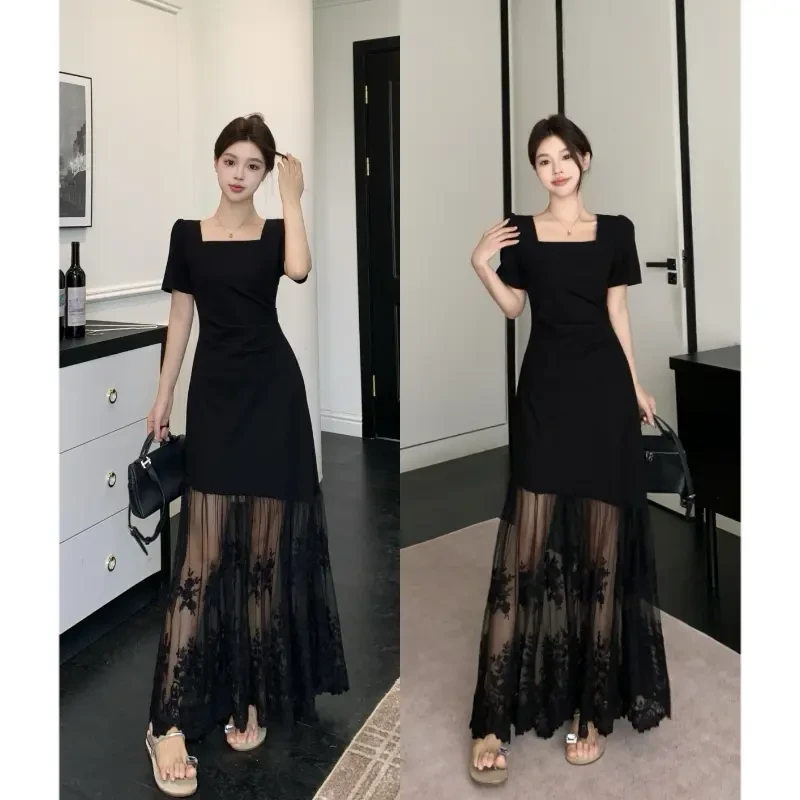 大码夏季新款法式方领气质显瘦蕾丝拼接短袖中长款连衣裙洋气长裙