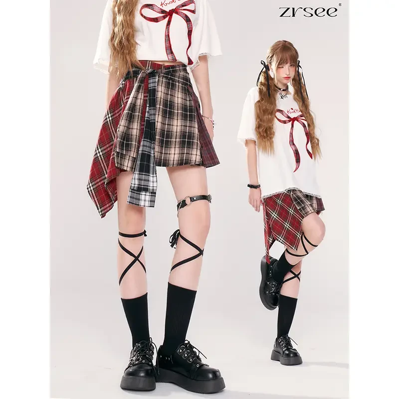 自然涩半身裙性感短裙不规则百搭拼接格子成人学生日系黑色夏季