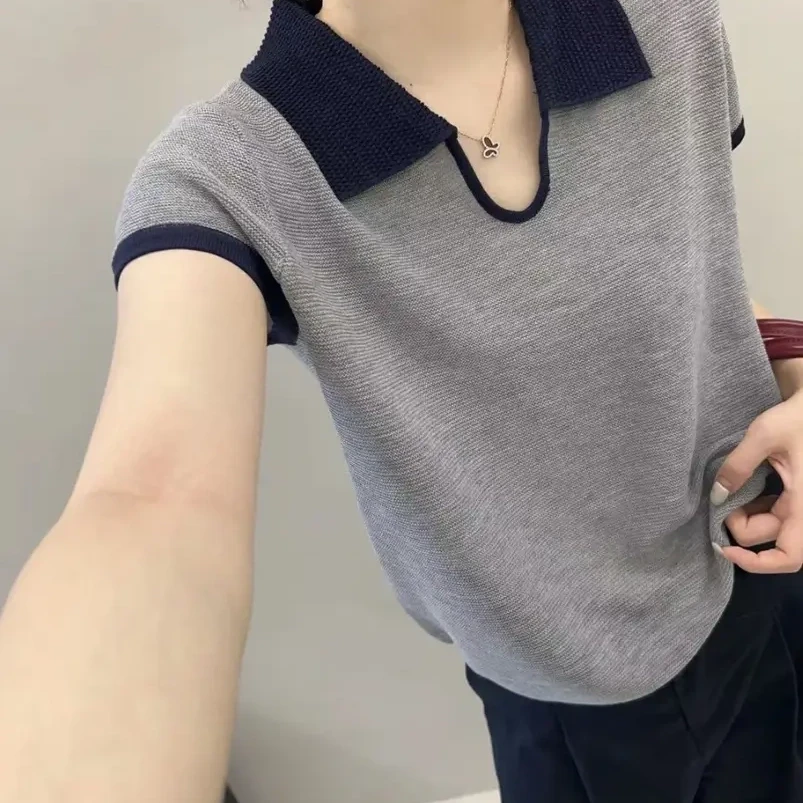 法式撞色针织薄款短袖polo上衣女夏季设计感小众别致女款短款