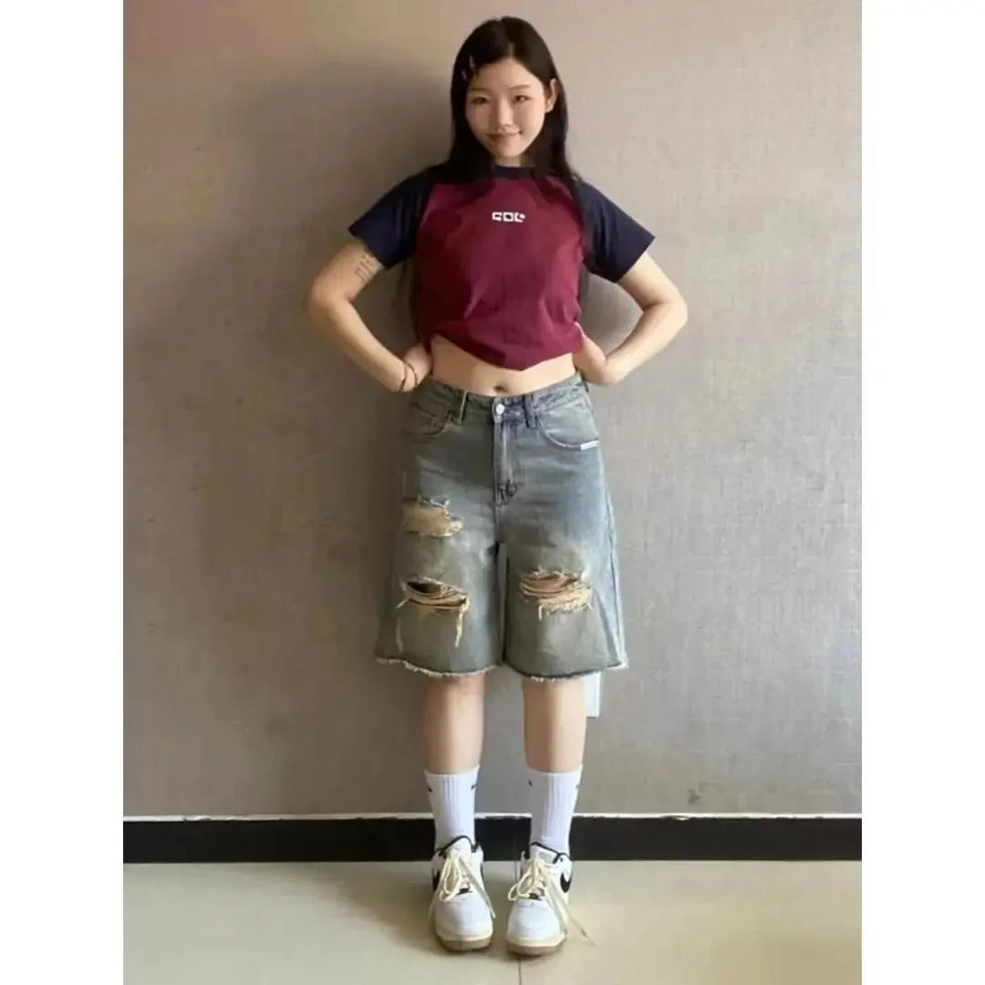 2025春复古百搭高腰欧美vibe风美式高街破洞直筒五分牛仔短裤ins